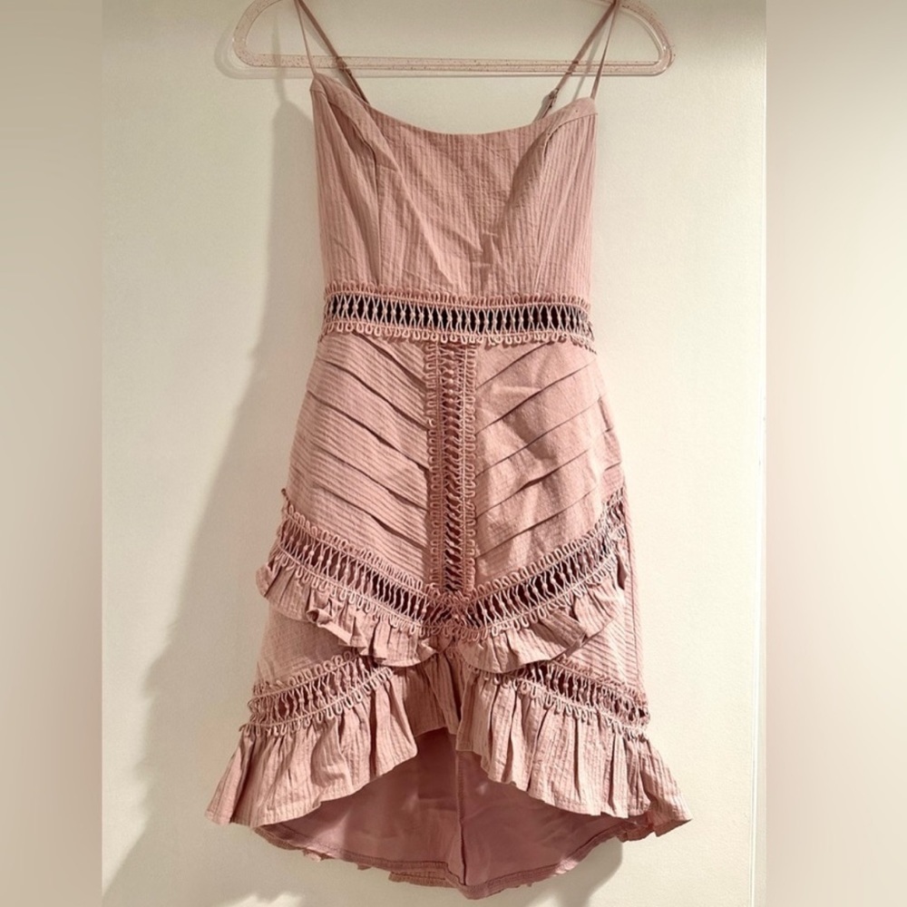 NWT  SELFIE LESLIE blush pink walk this way pintuck ruffle cross back mini dress - Picture 2 of 8
